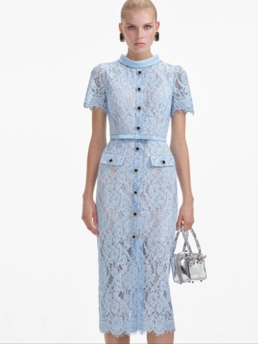 Self-Portrait Pale Blue Lace Button-Through Midi Dress